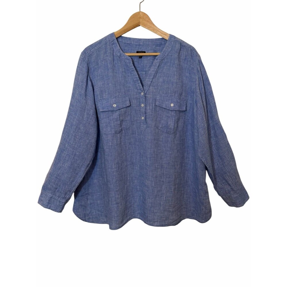 Talbots Plus 100% Linen Split-Neck Roll Tab Top Blue Pocket Women Sz 3XP Petite